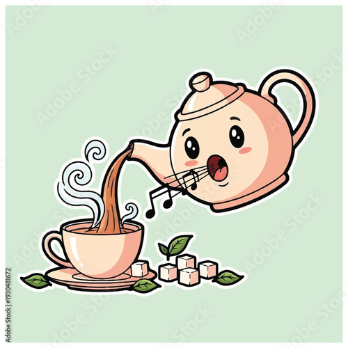 Cartoon Teapot Pouring Coffee into Cup.