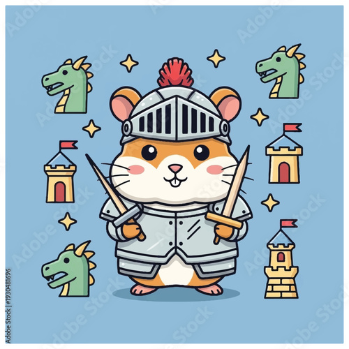 Hamster Wearing Knight Armor with Sword.