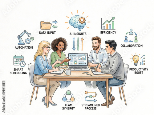 Business Team Collaborating with AI Workflow Support - Watercolor Illustration