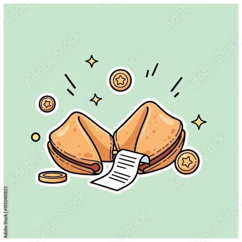 Illustration of Fortune Cookies with Receipt and Coins.