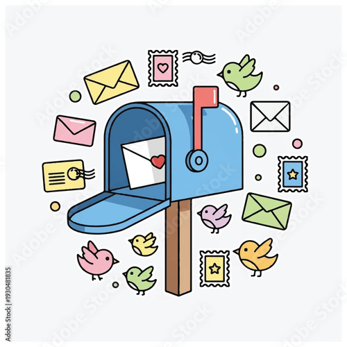 Blue Mailbox with Letters and Birds.