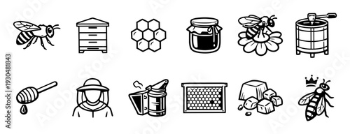 Beekeeping and Honey Production Icons Set – Apiary Line Art Collection