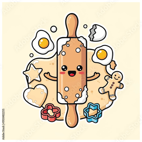 Cartoon Rolling Pin with Happy Face.