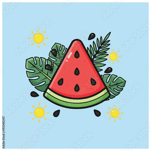Cartoon Watermelon Slice with Leaves and Seeds.