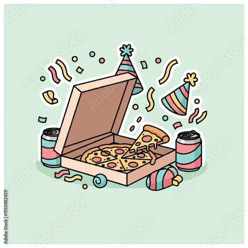 Pizza Box with Party Hats and Drinks.