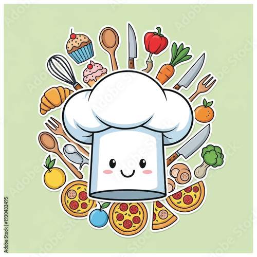 Cartoon Chef Hat with Cooking Utensils.