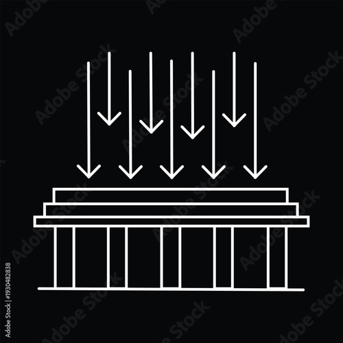 Simple line art illustration depicting downward directional arrows applying compressive force onto a classical architectural structure, representing structural stress concepts.
