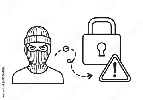 Cyber Security and Phishing Attack Concept Vector Icon with Hacker Character and Padlock Warning