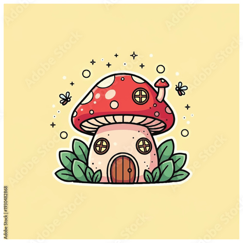 Quadro su tela Whimsical Mushroom House with Red Cap.