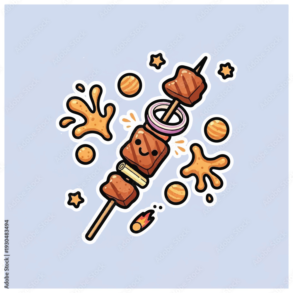 Fototapeta premium Cartoon Meatball Skewers with Sauce Splatter.