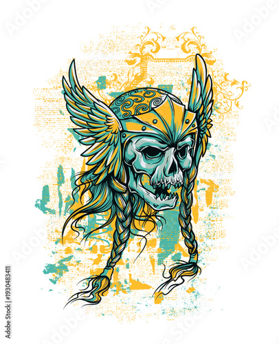 Valkyrie Skull Vector Illustration with Winged Helmet and Braided Hair - Norse Mythology Skeleton Graphic with Teal and Gold Accents for Gothic Apparel and Poster Design