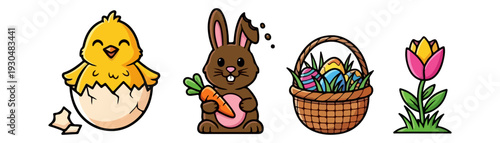 Title: Adorable Cartoon Easter Illustration Set with Chick, Chocolate Bunny, and Egg Basket