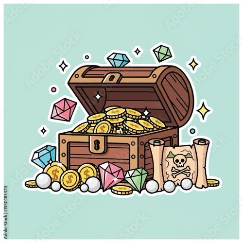 Treasure Chest Filled with Gold Coins and Jewels.