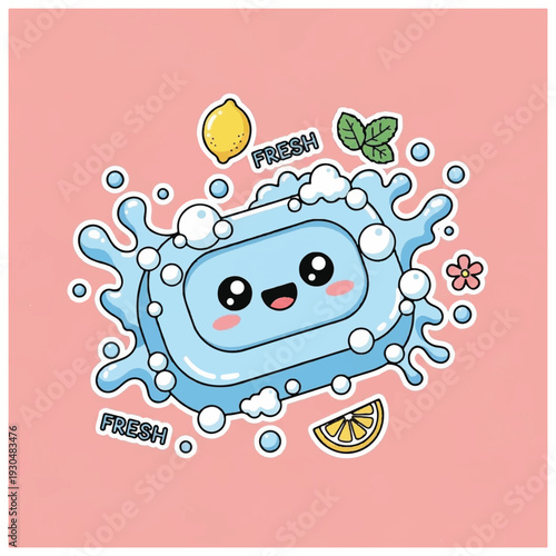 Cartoon Soap Bar with Lemon and Leaves.