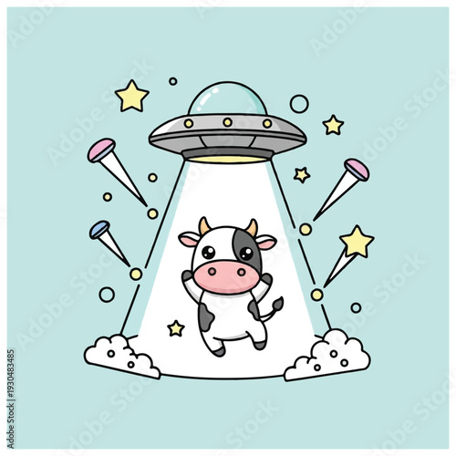 Cartoon Cow Abducted by UFO Illustration.