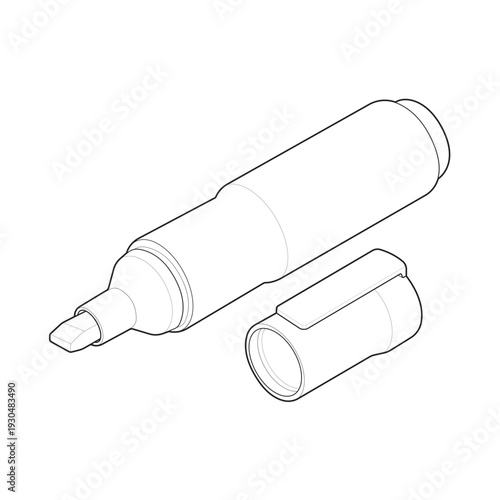 Isometric whiteboard marker technical blueprint with chisel nib and removable cap