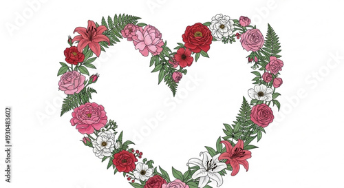 Heart shaped floral wreath with pink red and white flowers and green leaves on white background for valentine's day or love themed designs and decorations