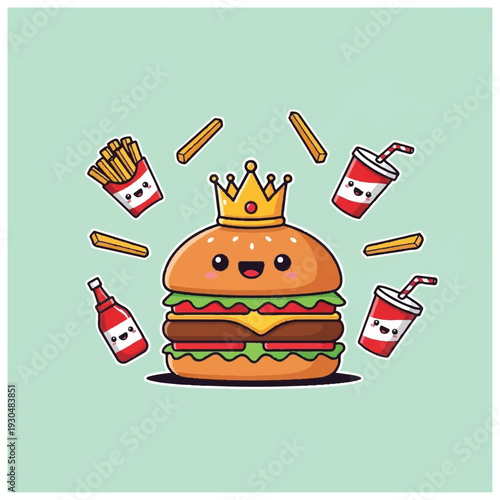 Cartoon Burger with Crown and Fast Food.