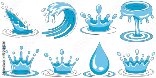 Water Splash and Drop Vector Set, Dynamic Liquid Shapes, Flowing Water Design, Droplet and Splash Elements, Vector Graphics for Creative Use