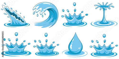 Water Splash and Drop Vector, Dynamic Liquid Shapes Set, Fluid Motion Elements, Splash and Droplet Graphics, Vector Illustration Collection
