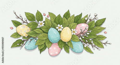 Colorful easter eggs nestled in lush green leaves and flowers on a light background symbolizing springtime and holiday cheer