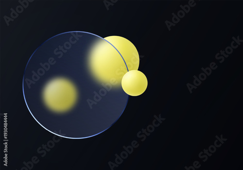 Abstract dark composition with translucent circular glass panel and bright yellow spheres.