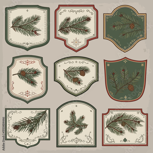 Set of 9 Christmas pine branch labels vector