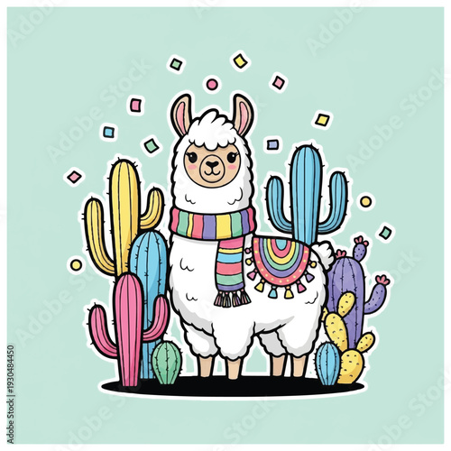 Cartoon Llama Wearing Scarf and Saddle Bag.