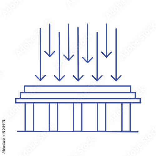 Simple line art illustration depicting downward directional arrows applying compressive force onto a classical architectural structure, representing structural stress concepts.