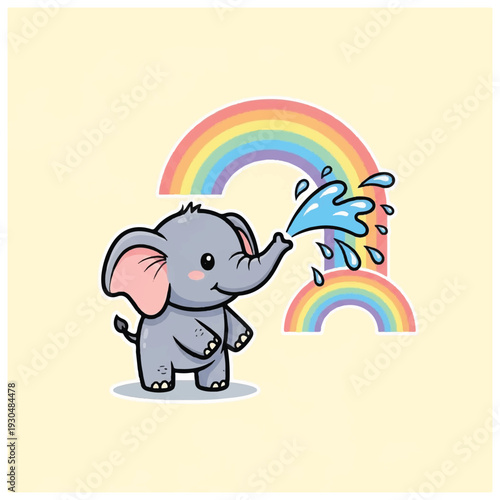 Cartoon Elephant Spraying Water with Rainbow.