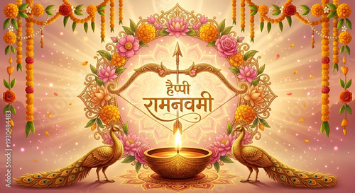Happy Ram Navami vector illustration with radiant typography peacock diya floral decoration glowing spiritual background for Hindu religious festival celebration artwork
