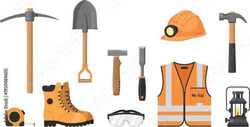 Construction worker safety equipment and tools set