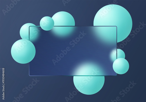 Translucent rectangular glass panel with turquoise spheres on a dark gradient background.