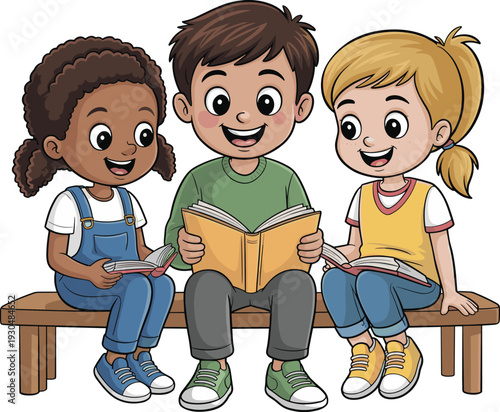 Diverse group of happy cartoon children sitting on a wooden bench and reading books together, education and childhood literacy vector.