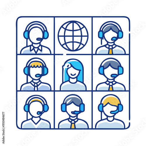 Virtual meeting grid with diverse customer support agents wearing headsets in video conference windows representing global communication and remote team collaboration See Less