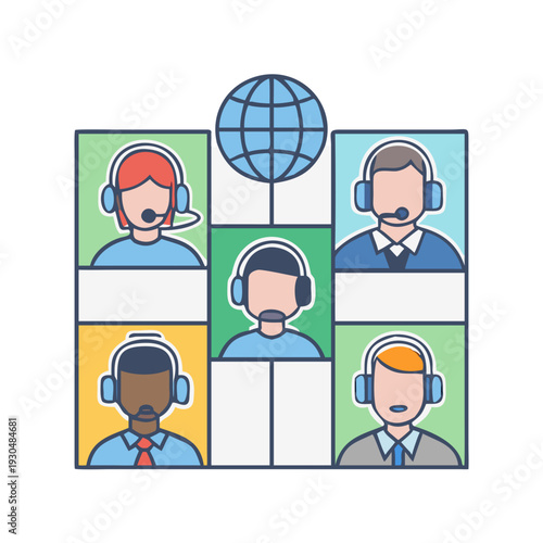 Virtual meeting grid with diverse customer support agents wearing headsets in video conference windows representing global communication and remote team collaboration See Less