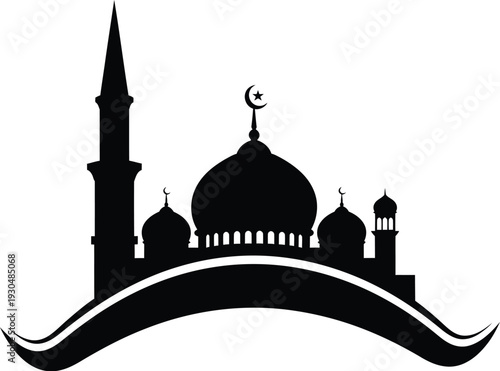 Black Silhouette of Grand Mosque with Domes and Minarets, Islamic Architecture Illustration
