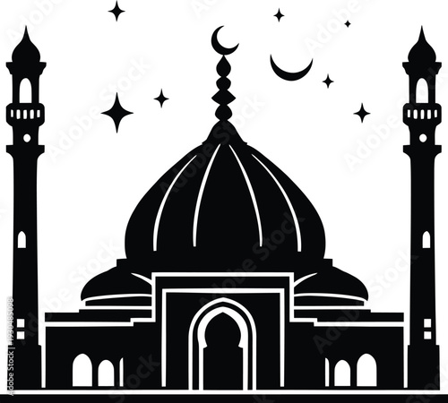 Black Silhouette of Grand Mosque with Domes and Minarets, Islamic Architecture Illustration