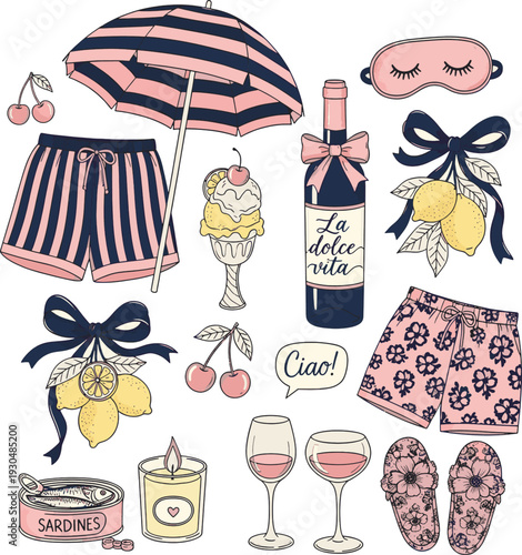 This charming collection features Italian summer essentials including lemons wine sardines gelato sun hats and beachwear as hand-drawn doodles or clipart illustrations icon set