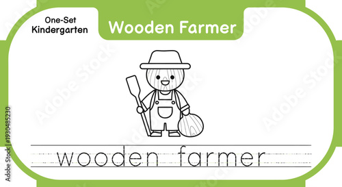 Wooden Farmer Coloring Page for Kindergarten - Learn to Write "Wooden Farmer"
