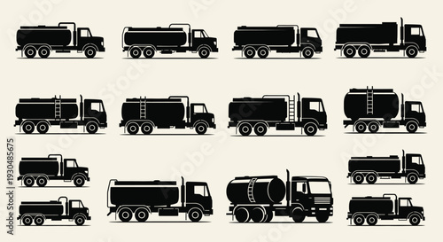 Tanker and Mixer Truck Silhouette Illustration Set