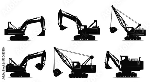 Crane Excavator Silhouette Set Construction Illustration