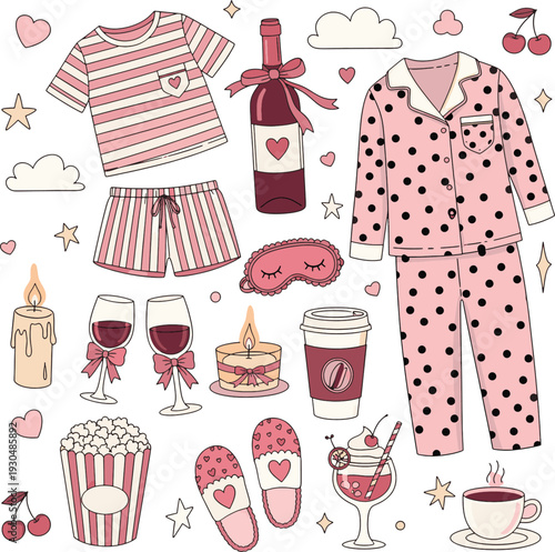 Cozy pink pajama party and Italian summer elements featuring loungewear wine popcorn and lemons in a charming collection of hand-drawn doodles or clipart illustrations icon set
