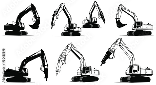 Excavator Construction Machinery Silhouette Set Illustration