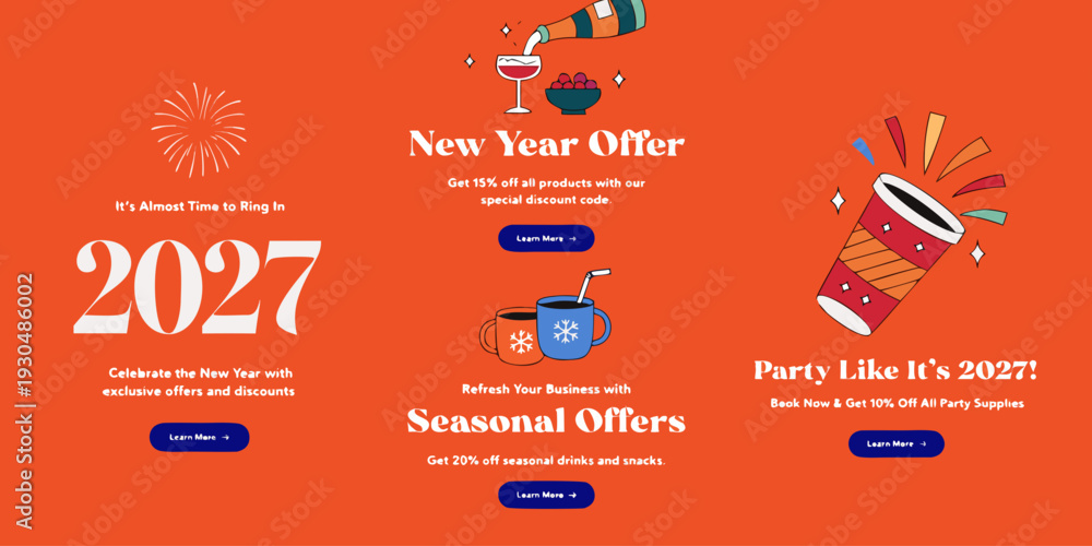 Naklejka premium New Year 2027 Promotions – Seasonal Offers, 25% Product Discounts, Business Refresh Deals & Party Supply Savings