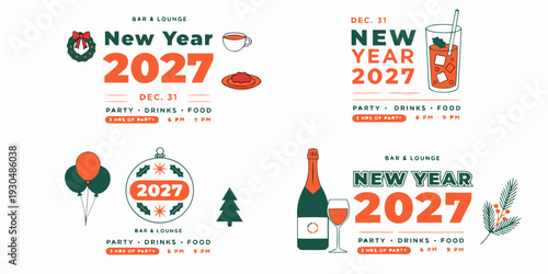 New Year 2027 Party Invitations – Bar & Lounge Events, Drinks, Music, Fireworks & Festive Celebration Flyers
