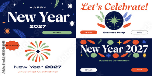 New Year 2027 Celebration Flyers – Fireworks, Business Parties, Food & Fun Events, RSVP Graphics & Festive Invitations