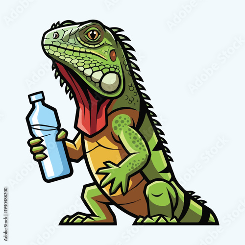 Vibrant cartoon iguana character holding a plastic water bottle, depicting hydration and a healthy lifestyle. A playful reptile illustration for nature and health themes