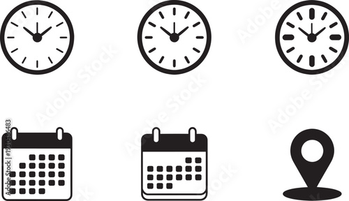 Various black and white time and date clock calendar map pin