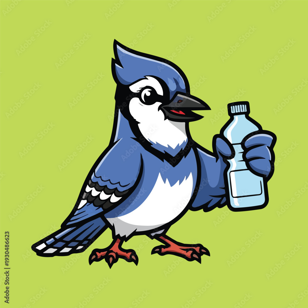 Obraz premium Charming blue jay mascot illustration holding a refreshing water bottle, symbolizing nature's hydration and a friendly approach to wellness, set against a vibrant green background
